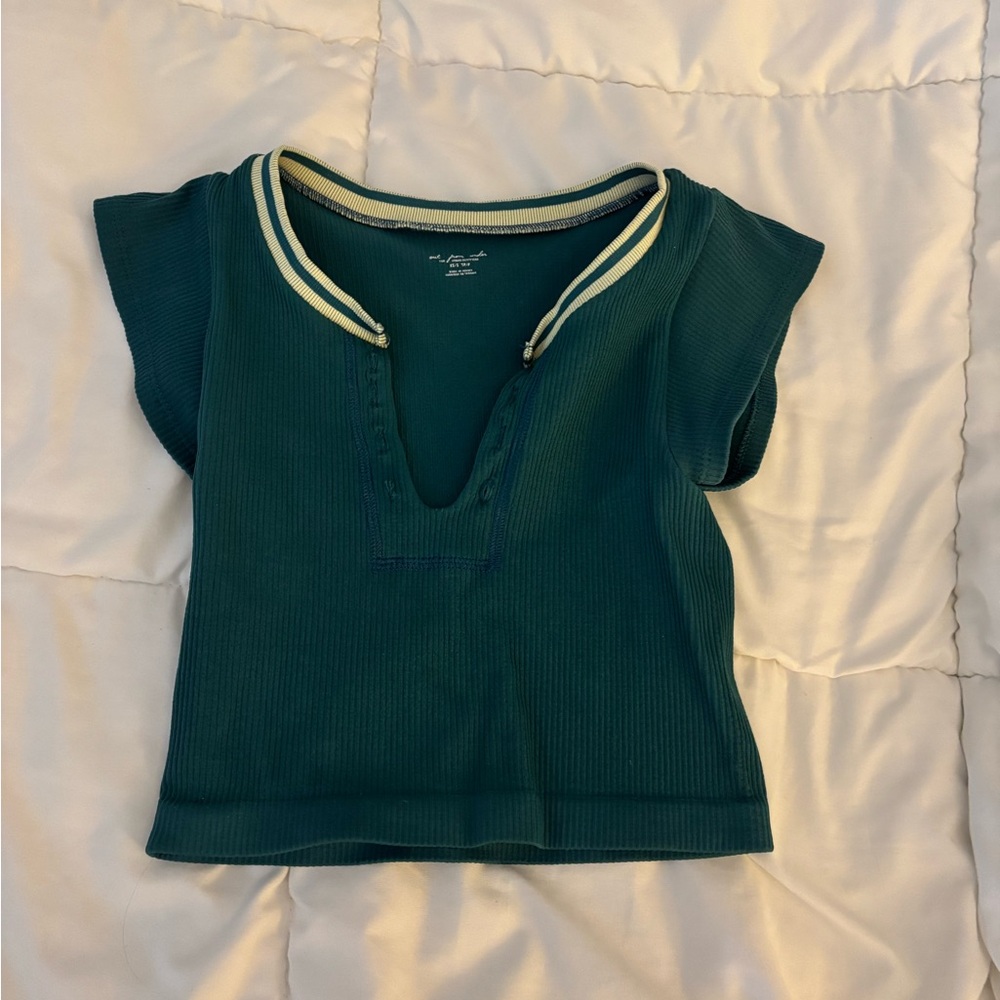 Urban Outfitters Blue and Green Crop Top with V-neck and Short Sleeves
